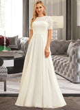 Marian A-Line Scoop Neck Floor-Length Chiffon Lace Wedding Dress UKP0014007