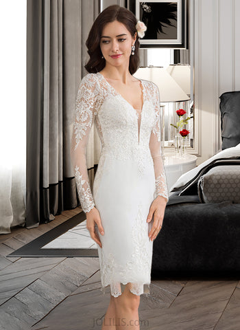 Lilith Sheath/Column V-neck Knee-Length Stretch Crepe Wedding Dress UKP0014008