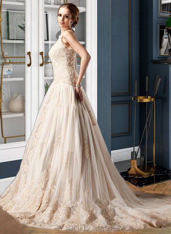 Helga Ball-Gown/Princess Halter Chapel Train Tulle Lace Wedding Dress With Beading UKP0014014