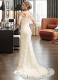 Mira Trumpet/Mermaid Off-the-Shoulder Court Train Wedding Dress With Lace Split Front UKP0014016