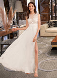 Abbie A-Line Illusion Floor-Length Wedding Dress With Beading Split Front UKP0014017