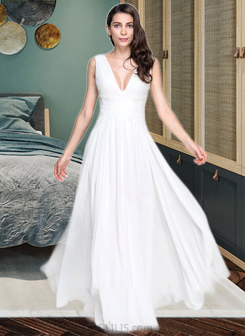 Sloane A-Line V-neck Floor-Length Chiffon Wedding Dress With Ruffle UKP0014018