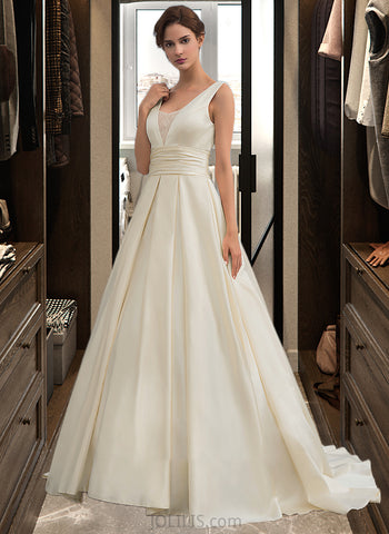 Leyla Ball-Gown/Princess V-neck Sweep Train Satin Wedding Dress With Lace UKP0014019