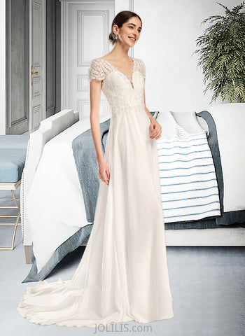 Jaelyn A-Line V-neck Court Train Wedding Dress With Bow(s) UKP0014025