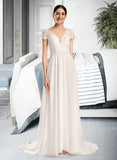 Jaelyn A-Line V-neck Court Train Wedding Dress With Bow(s) UKP0014025