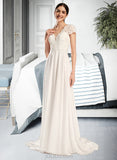 Jaelyn A-Line V-neck Court Train Wedding Dress With Bow(s) UKP0014025