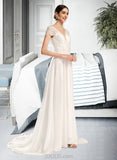 Jaelyn A-Line V-neck Court Train Wedding Dress With Bow(s) UKP0014025