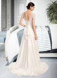 Jaelyn A-Line V-neck Court Train Wedding Dress With Bow(s) UKP0014025