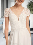 Jaelyn A-Line V-neck Court Train Wedding Dress With Bow(s) UKP0014025