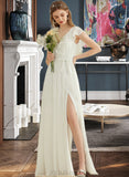 Karla A-Line V-neck Floor-Length Chiffon Wedding Dress With Split Front Cascading Ruffles UKP0014029