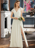 Karla A-Line V-neck Floor-Length Chiffon Wedding Dress With Split Front Cascading Ruffles UKP0014029