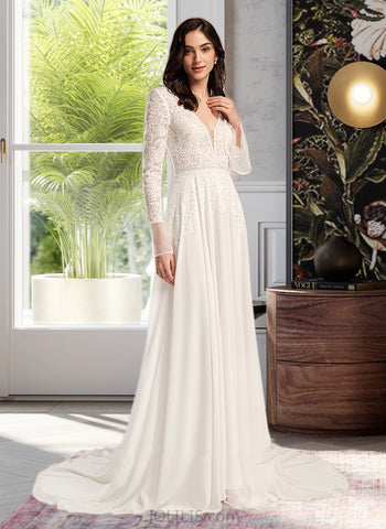 Cassidy A-Line V-neck Court Train Wedding Dress With Ruffle UKP0014031