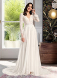 Cassidy A-Line V-neck Court Train Wedding Dress With Ruffle UKP0014031