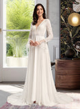 Cassidy A-Line V-neck Court Train Wedding Dress With Ruffle UKP0014031