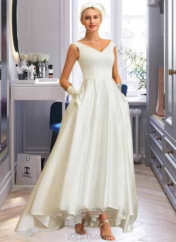 Mariah Ball-Gown/Princess V-neck Asymmetrical Satin Wedding Dress With Pockets UKP0014036