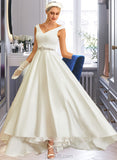 Mariah Ball-Gown/Princess V-neck Asymmetrical Satin Wedding Dress With Pockets UKP0014036