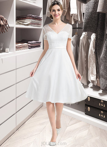 Lea A-Line V-neck Knee-Length Satin Wedding Dress UKP0014038