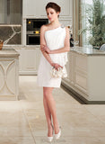 Mila Sheath/Column One-Shoulder Short/Mini Chiffon Wedding Dress With Beading Cascading Ruffles UKP0014039