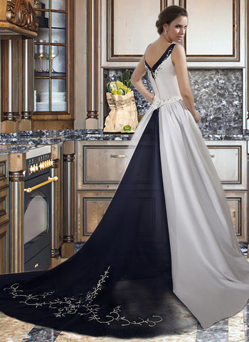 Aimee Ball-Gown/Princess V-neck Chapel Train Satin Wedding Dress With Embroidered Beading Sequins UKP0014043