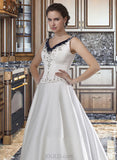 Aimee Ball-Gown/Princess V-neck Chapel Train Satin Wedding Dress With Embroidered Beading Sequins UKP0014043