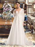 Maureen Ball-Gown/Princess V-neck Chapel Train Wedding Dress With Sequins UKP0014044