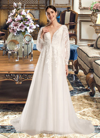 Maureen Ball-Gown/Princess V-neck Chapel Train Wedding Dress With Sequins UKP0014044