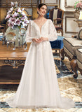 Maureen Ball-Gown/Princess V-neck Chapel Train Wedding Dress With Sequins UKP0014044