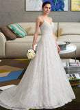 Marie A-Line Sweetheart Sweep Train Lace Wedding Dress With Ruffle UKP0014056