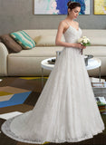 Marie A-Line Sweetheart Sweep Train Lace Wedding Dress With Ruffle UKP0014056