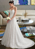 Marie A-Line Sweetheart Sweep Train Lace Wedding Dress With Ruffle UKP0014056