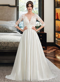 Ariel Ball-Gown/Princess Scoop Neck Court Train Satin Wedding Dress With Ruffle UKP0014057