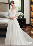 Ariel Ball-Gown/Princess Scoop Neck Court Train Satin Wedding Dress With Ruffle UKP0014057