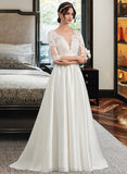 Ariel Ball-Gown/Princess Scoop Neck Court Train Satin Wedding Dress With Ruffle UKP0014057