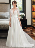 Ariel Ball-Gown/Princess Scoop Neck Court Train Satin Wedding Dress With Ruffle UKP0014057