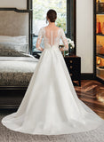 Ariel Ball-Gown/Princess Scoop Neck Court Train Satin Wedding Dress With Ruffle UKP0014057