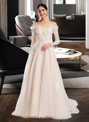 Ursula Ball-Gown/Princess Off-the-Shoulder Court Train Wedding Dress With Sequins UKP0014059