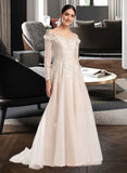 Ursula Ball-Gown/Princess Off-the-Shoulder Court Train Wedding Dress With Sequins UKP0014059