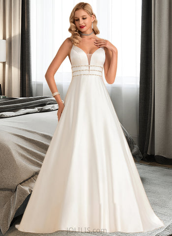 Silvia Ball-Gown/Princess V-neck Sweep Train Satin Wedding Dress With Beading UKP0014060