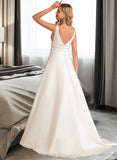 Silvia Ball-Gown/Princess V-neck Sweep Train Satin Wedding Dress With Beading UKP0014060