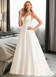 Silvia Ball-Gown/Princess V-neck Sweep Train Satin Wedding Dress With Beading UKP0014060