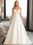 Silvia Ball-Gown/Princess V-neck Sweep Train Satin Wedding Dress With Beading UKP0014060