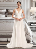 Sophie A-Line V-neck Court Train Wedding Dress With Beading Sequins UKP0014065