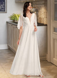 Alicia A-Line V-neck Floor-Length Wedding Dress With Beading UKP0014067