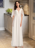 Alicia A-Line V-neck Floor-Length Wedding Dress With Beading UKP0014067