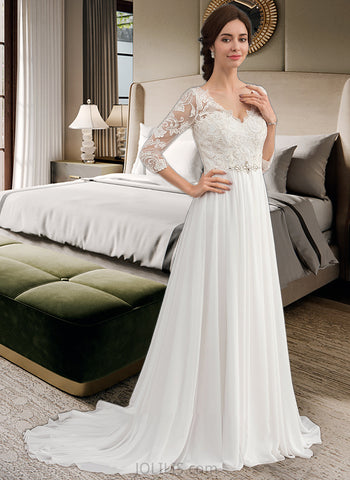 Mariah A-Line V-neck Sweep Train Chiffon Lace Wedding Dress With Beading Sequins UKP0014068