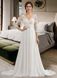 Mariah A-Line V-neck Sweep Train Chiffon Lace Wedding Dress With Beading Sequins UKP0014068