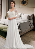 Mariah A-Line V-neck Sweep Train Chiffon Lace Wedding Dress With Beading Sequins UKP0014068