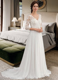 Mariah A-Line V-neck Sweep Train Chiffon Lace Wedding Dress With Beading Sequins UKP0014068