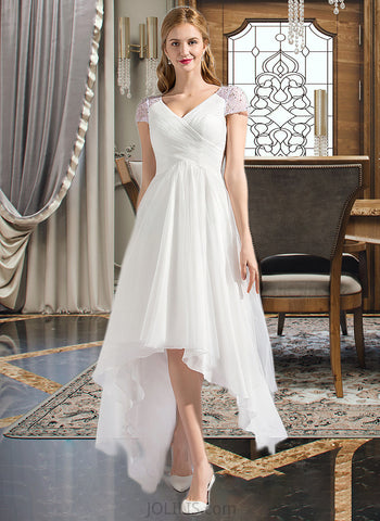 Lily A-Line V-neck Asymmetrical Tulle Wedding Dress With Ruffle Beading Sequins UKP0014069