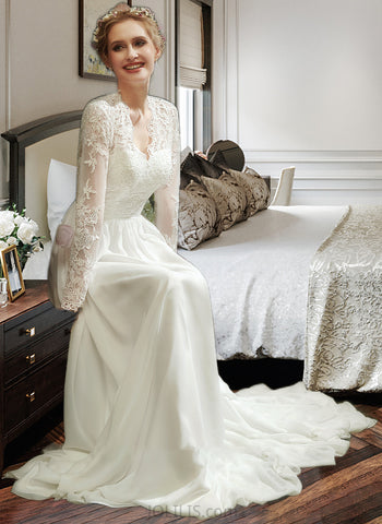 Rosemary A-Line V-neck Floor-Length Wedding Dress With Lace UKP0014070